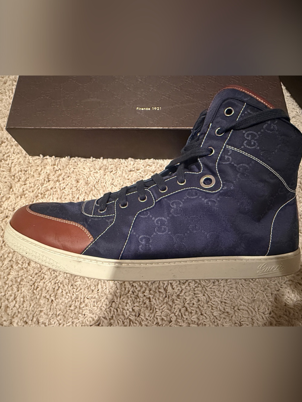 Gucci Navy and Brown High-Top Sneakers - Picture 2 of 6